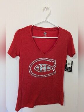 Women"s Montreal Canadiens Red V-Neck Tee with Silver Logo
